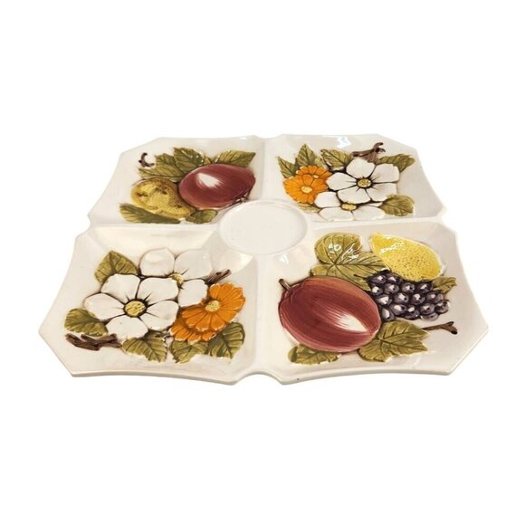 Lefton Serving Platter Ceramic Divided Serving Tray With Fruit & Floral Design - Picture 1 of 9